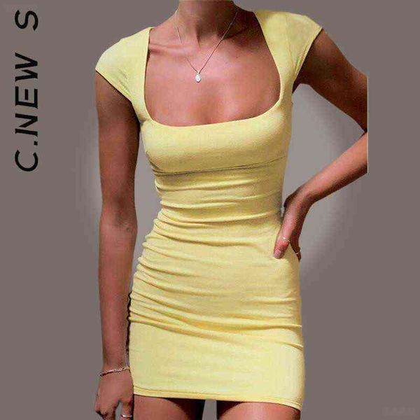 

c.new s square neck bodycon dress short sleeve cut out mini dresses robe slim chic dresses soft dresses woman vestidos female l220530, Black;gray