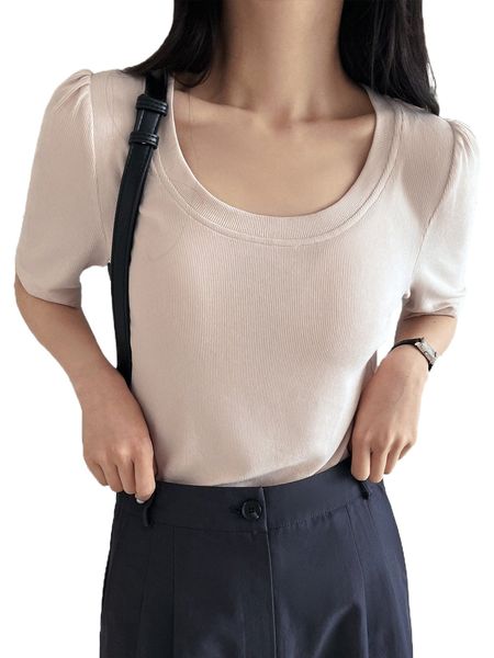 

dazy ribbed knit puff sleeve tee 52yx#, White