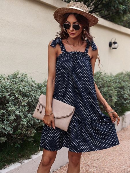 

polka dot tie shoulder ruffle hem dress e69i#, Black;gray