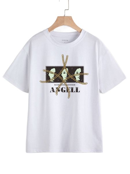 

figure & slogan print drop shoulder tee b8j7#, White