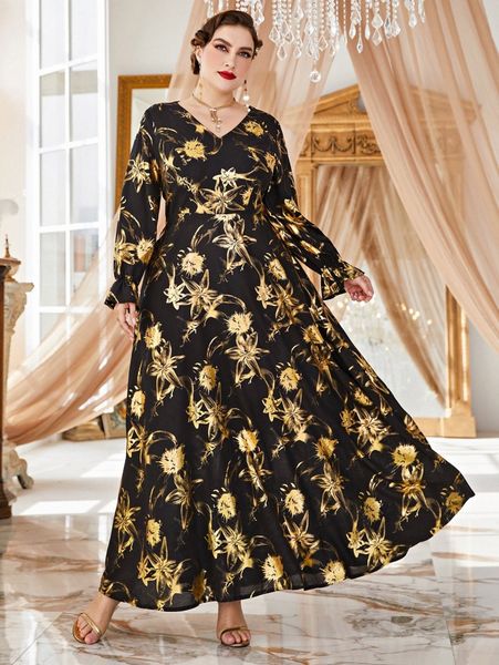 

plus random allover floral & foil print flounce sleeve dress j8xy#, Black