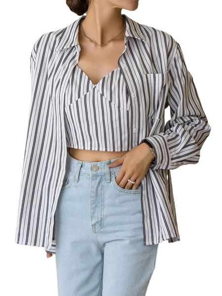 

dazy striped print patched pocket front shirt & cami q6cn#, White
