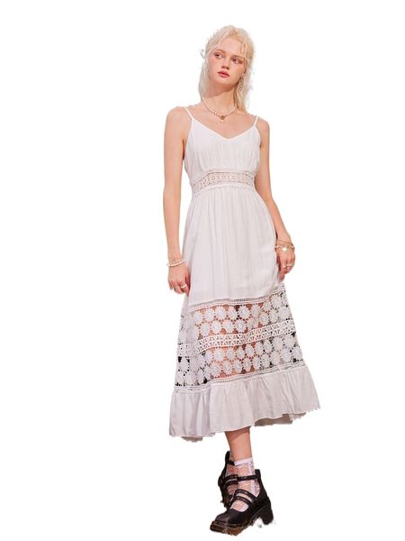 

romwe fairy grunge contrast lace ruffle hem cami dress 58a7#, Black;gray