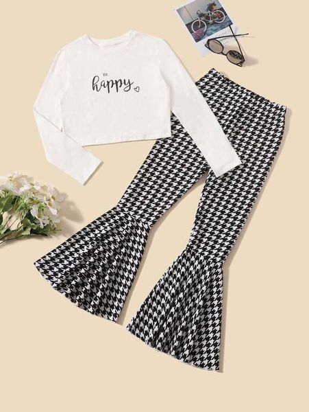 

girls letter graphic tee and houndstooth ruffle hem flare leg pants set she, White
