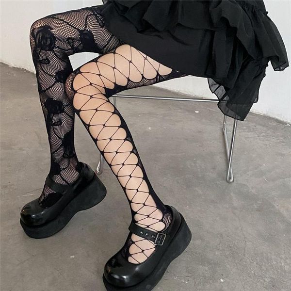 Meias meias de design exclusivo lateral transversal hollow menina sexy flor retrô meias de peixes de rede de calça de renda longa e fina moderna