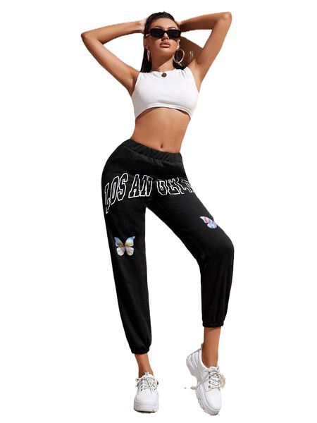 

sxy letter & butterfly print sweatpants r33z#, Black;white