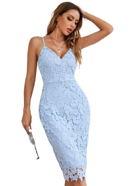 

eilly bazar split back guipure lace cami bodycon dress 5582#, Black;gray