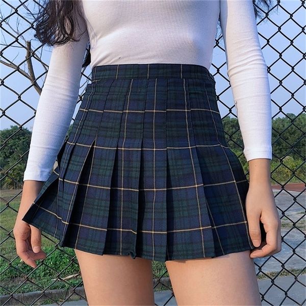 

y2k harajuku tartan women skirt plaid pleated skirts fashion mini tennis skorts side button faldas high waist jupe female 220701, Black