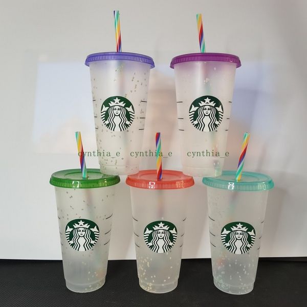 

24oz/710ml starbucks sequins plastic tumbler reusable color-changing snowflake rainbow straw cup flat bottom cups pillar shape lid straw mug