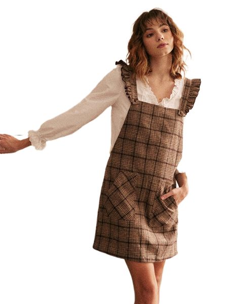 

plaid ruffle trim overall dress without g2cv#, Black;gray