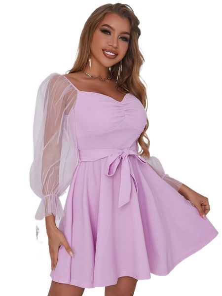 

d& sheer mesh bell sleeve belted dress a4pa#, Black;gray
