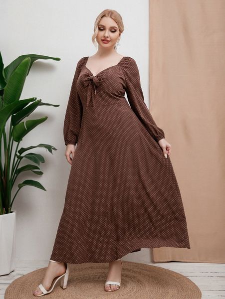 

plus polka dot lantern sleeve tie front sweetheart neck dress i7nx#, Black