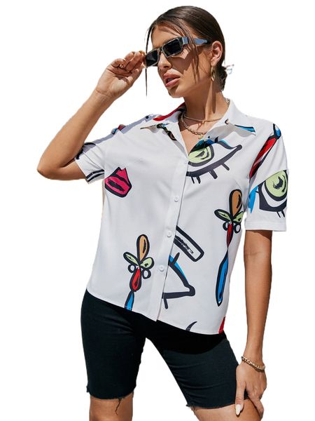 

eye print drop shoulder button up blouse m2rh#, White