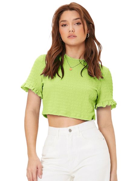 

mock neck shirred lettuce trim crop tee 34e3#, White