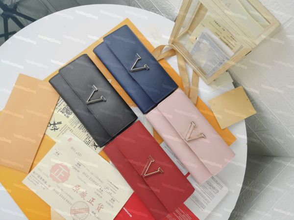 

designer lady purse luxury leather long classic letter flower adornment inner compartment card with box size 19-10cm, Red;black