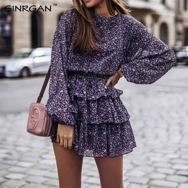 

nankey women floral print dress elegant lantern sleeve casual ruffles dress office lady purple black dress mini party vestidos 210322, Black;gray