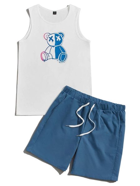 

men cartoon graphic tank & drawstring shorts p1zm#, Gray