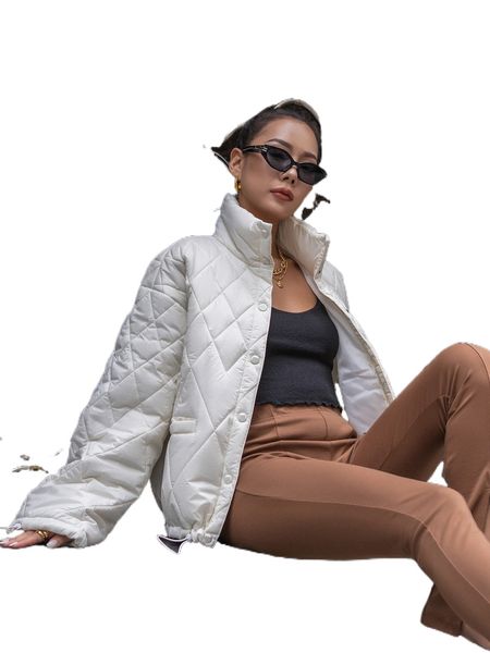 

coldbreak snap button up drawstring quilted coat v0x4#, Black
