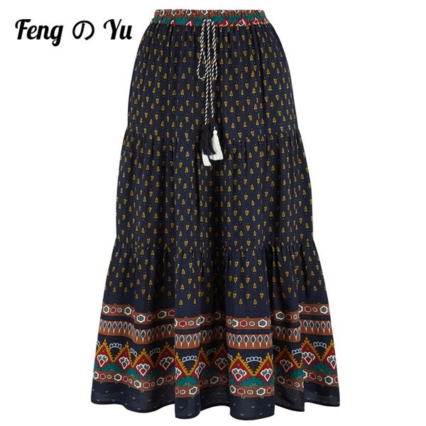 

fashion bohemian long skirt women's elegant holiday summer casual high elastic waist floral print sea blue retro 220324, Black