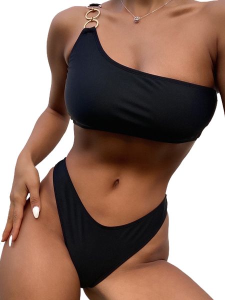 

ring linked one shoulder bikini swimsuit c9kz#, White;black