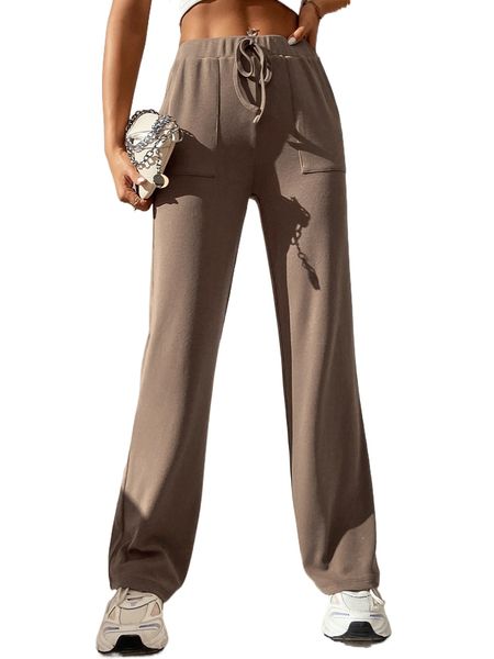 

petite slant pockets knot waist straight leg pants y1dq#, Black;white