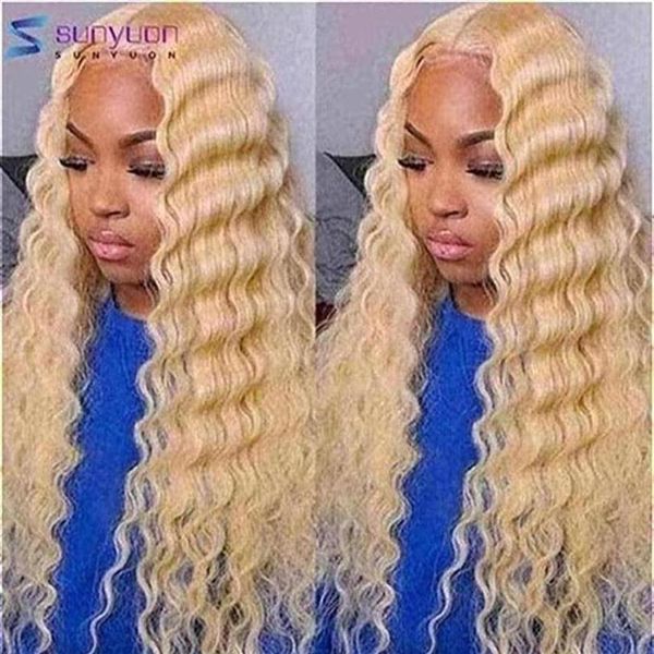 

honey blonde wave 613 hd transparent frontal deep curly wet and wavy 13x4 lace front human hair wigs303c, Golden;white
