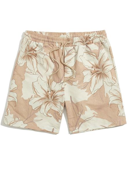 

men floral print drawstring waist shorts n2t5#, White;black