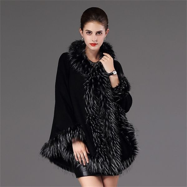 

swonco ponchos and capes faux fur coat cape women winter cloak for women poncho jacket cape with hooded fur cape poncho 201214, Black