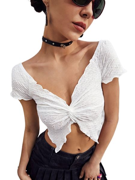 

twist lettuce trim raglan sleeve asymmetrical hem crop tee 816d#, White
