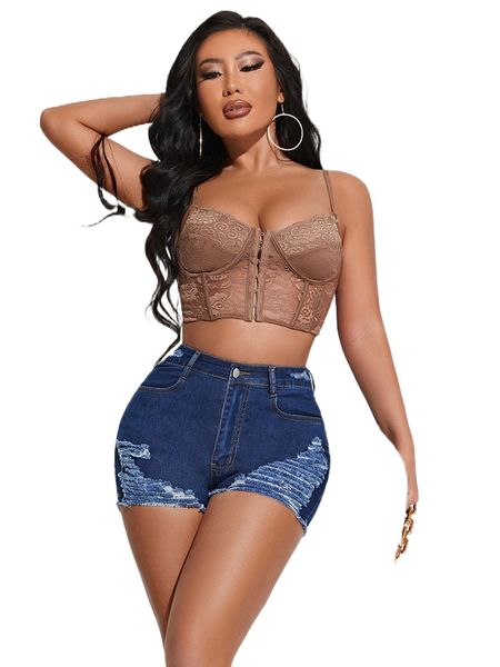 

high waist ripped raw trim denim shorts y5kn#, White;black