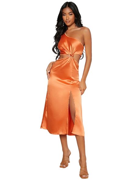 

one shoulder twist front cut out split thigh satin dress 28td#, Black;gray