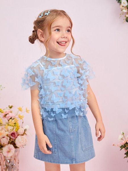 

toddler girls butterfly appliques mesh blouse she, White;black