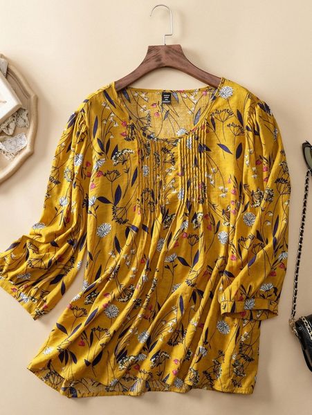

plus floral print plicated detail blouse r01w#, Black