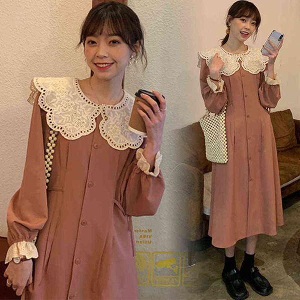 

autumn maternity breastfeeding dress sweet lace peter pan collar long sleeve postpartum woman nursing clothes breastfeeding party dress j220, White