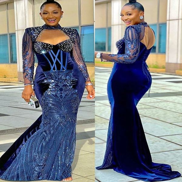 2022 Plus Size Arabo Aso Ebi Royal Blue Mermaid Prom Dresses Perline Cristalli Sera Festa formale Secondo ricevimento Compleanno Abiti di fidanzamento Abito ZJ14Y