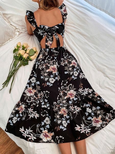 

floral print ruffle trim tie backless dress b3ts#, Black;gray