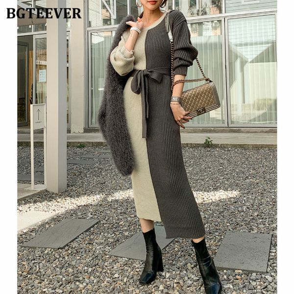 

bgteever elegant o-neck long sleeve women patchwork knitted dress autumn winter irregular lace-up female long sweater dress 2022, Black;gray