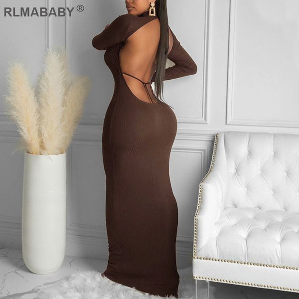 

backless knit rib long maxi dress slim round neck long sleeve female bodycon dress elegant party women ankle-length dress, Black;gray