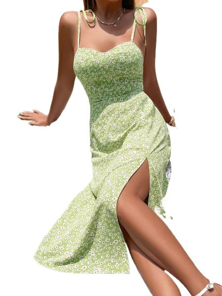 

ditsy floral tie shoulder split thigh cami dress s738#, Black;gray