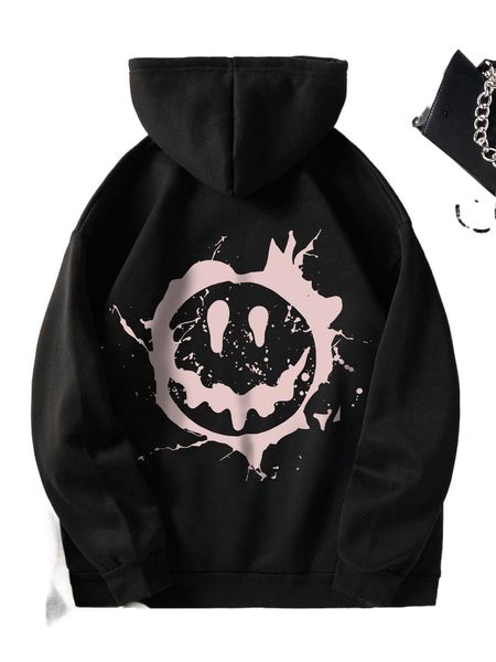 

expression print kangaroo pocket drawstring thermal hoodie 53cp#, Black
