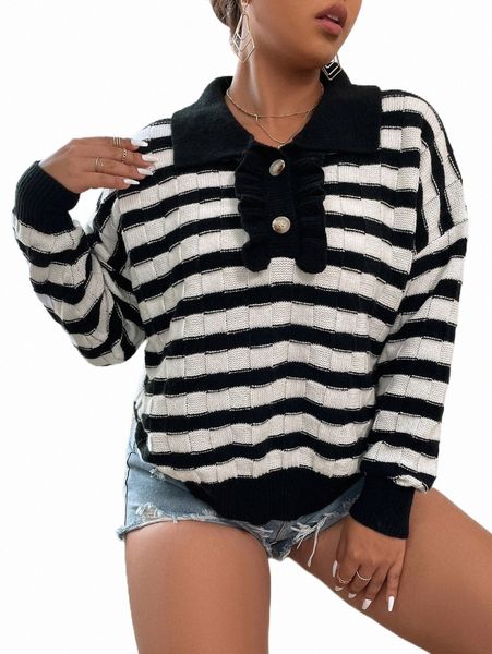 

plus striped pattern polo neck ruffle trim drop shoulder sweater 27m2#, Black