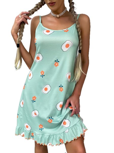 

poached egg & floral print lettuce trim nightdress 07gz#, Black;red