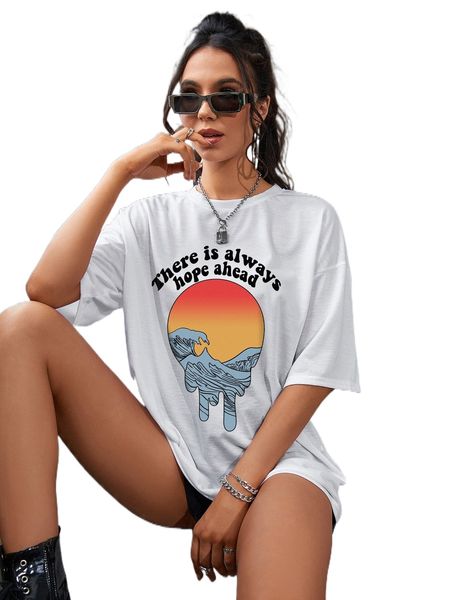 

waves and slogan graphic drop shoulder tee y6sp#, White