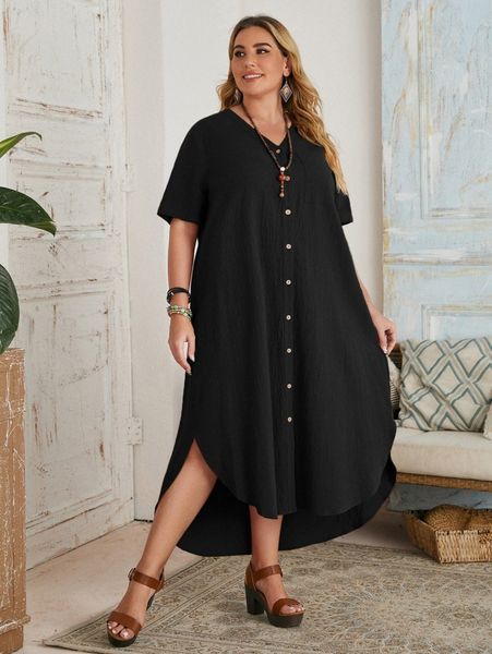

plus single breasted curved hem dress m4u6#, Black