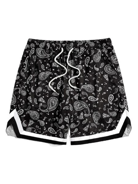 

men paisley print contrast tape drawstring waist shorts i7h0#, White;black