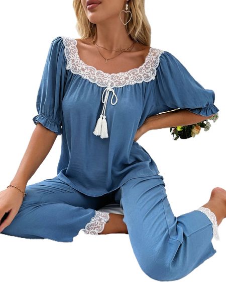 

contrast lace tie front puff sleeve square neck pj set h6yd#, Black;red