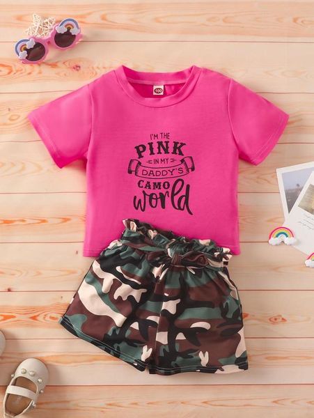 

toddler girls slogan graphic tee & camo print paperbag waist belted shorts she, White
