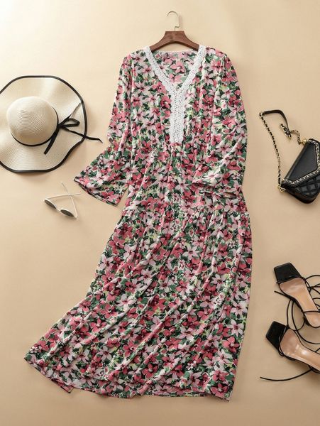 

plus floral print guipure lace detail ruffle hem dress u5oz#, Black