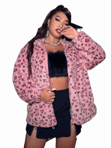 

plus leopard pattern drop shoulder teddy jacket g4op#, Black
