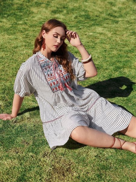 

plus tie neck embroidery yoke striped smock dress v5gk#, Black